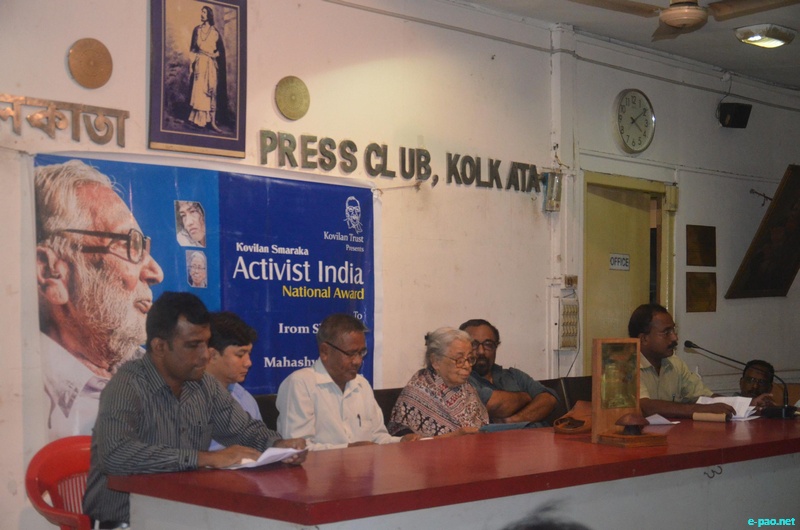 Kovilan Smaraka Activist India National Award presented by the Kovilan Trust, Kerala to Irom Sharmila  ::  October 27, 2012