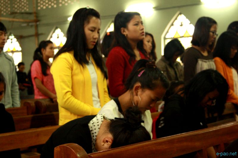 A prayer session during Easter Sunday at MBC Church, Chingmeirong, Imphal in 2012