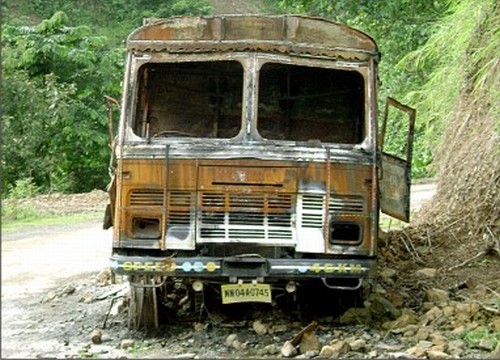 A picture of a burnt truck which has become a regular affair ( August 2010)