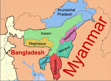 A map of the North East which shows their proximity to Myanmar and Bangladesh
