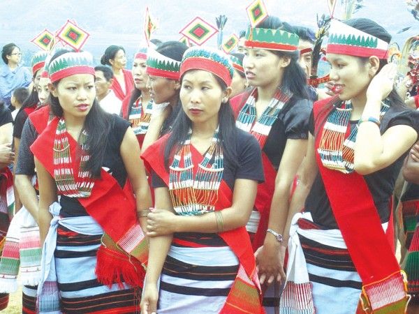 Colourfully attired Tangkhul girls at the erection and installation programme of St Anthony's Parish at Muirei 