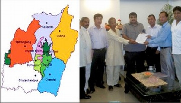 A map of Manipur showing the districts and right BJP presidernt Gadkari with State delegates
