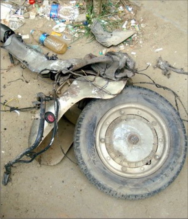The remains of the scooter at the Sangakpham bomb blast site 
