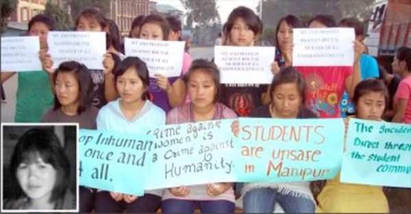 Members of TKLI protest the brutal murder of Vasmi and inset (the victim)