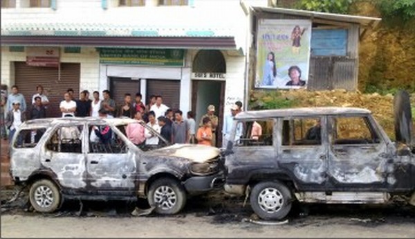 The torched remains of the vehicles at Tamenglong bazar