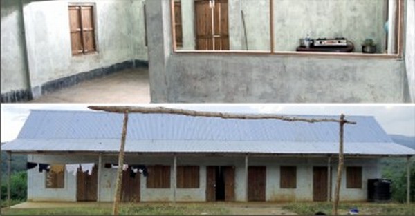 (Top) A gas stove sits in a room meant to be a classroom and a view of the school in Churachandpur