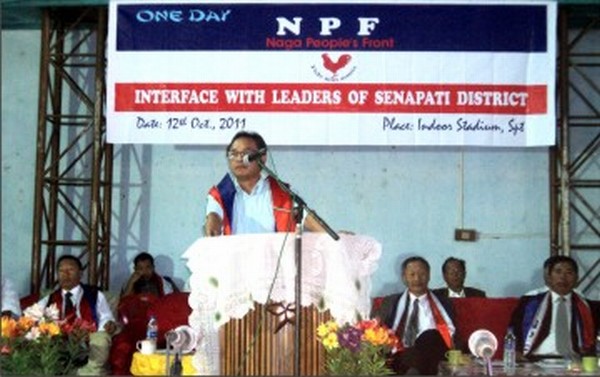 A speaker addresses the gathering at Senapati during the meeting