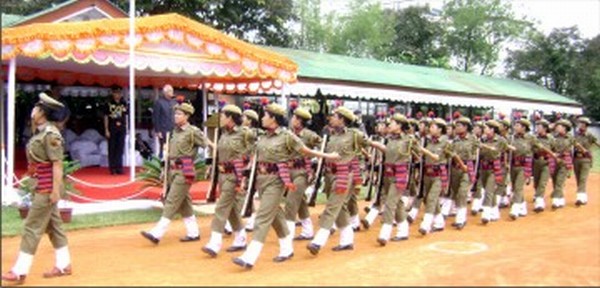 A women police contingent at the saluting base during the Manipur Police raising day celebration