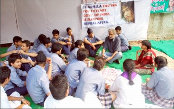 Students of International Blue Bell School, New Delhi taking part in the protest