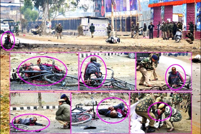 The spot where the bomb exploded in front of the venue of the Sangai festival and a sequence of photos showing the injured cart driver in a daze before being picked up by the police to be taken to the hospital