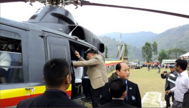 Nagaland CM Nephiu Rio air dashing on a helicopter to Manipur for campaigning for NPF