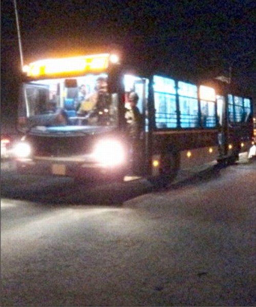 A low floor bus on its first trial run on Feb 219