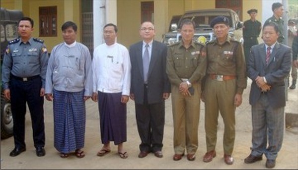Civil and security officials of India and Myanmar pose before the Liaison Meet at Moreh town.