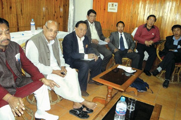 Leaders of Non-Congress parties talking to media after their closed-door meeting at Hotel Imphal