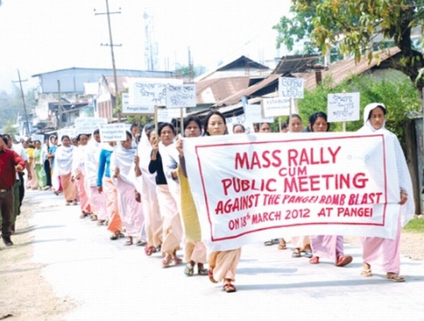 Womenfolk participating in protest rally taken out at Pangei over the March 15 bomb blast