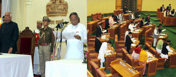 Ibobi being sworn in as the CM by Governor Gurbachand Jagat and MLAs during the oath taking ceremony at the Assembly hall