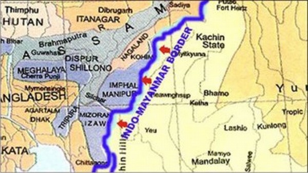 A graphic map showing Indo-Myanmar boundary in the territory of Manipur