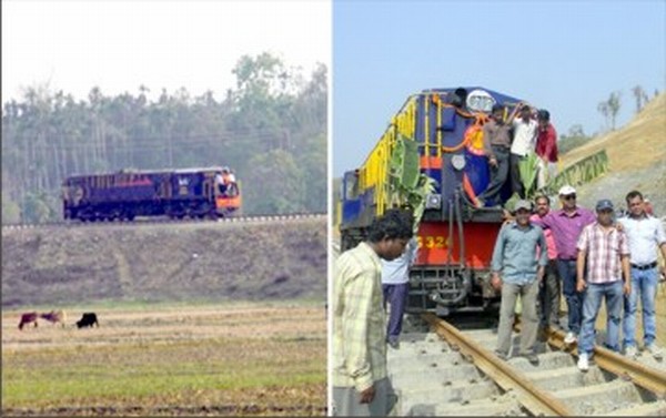 A rail engine makes its maiden run over a 12 kmm distance between Jiribam and Dholakal