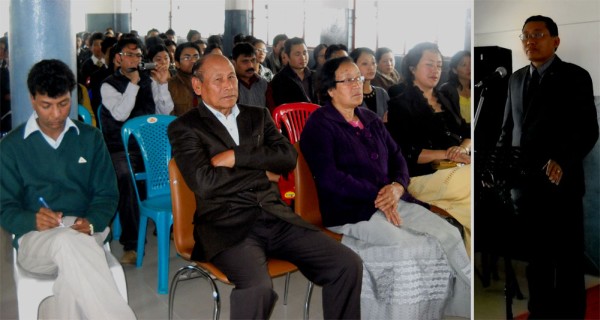 Chief Guest, Er Kevisekho Krose, Additional Chief Engineer, PHE, (right) seen addressing at the opening of the Library cum Conference Hall of SHSS, Kohima on March 23, 2012