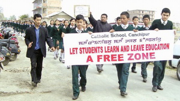 Students taking out rally against closure of Catholic School, Canchipur