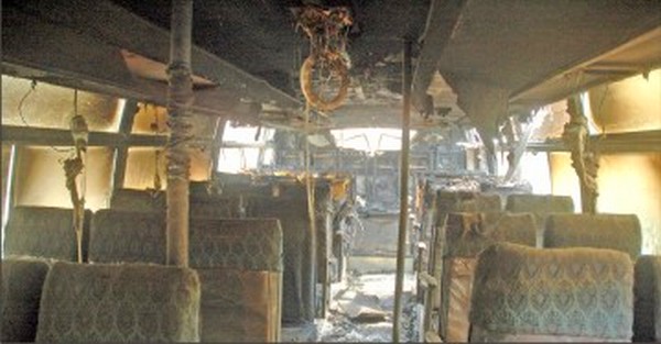 The charred interiors of the ill fated bus