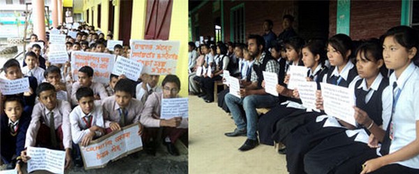 Students of Thoubal district schools staging sit-in protest against kidnapping of Rahul