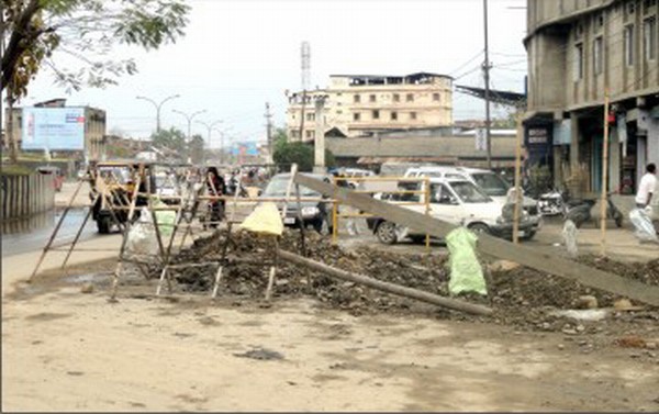 Road dug up in front of the MSRTC complex for the Imphal Sewerage Project