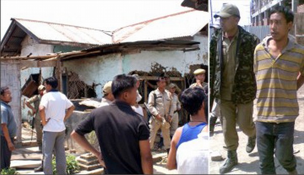 The dismantled house of the accused and the accused with the police April 15 2012