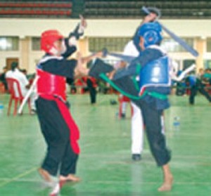 A bout of Thang-Ta at the 23rd State Thang-Ta Championships2012 at Khuman Lampak Indoor Stadium