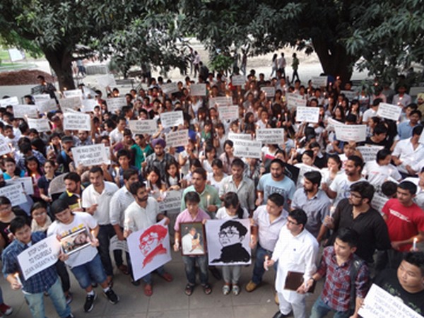 Students staging a protest demonstration at Chandigarh against the murder of Laitom Richard 