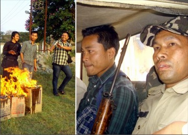 Seized goods being burnt while a student is held by police