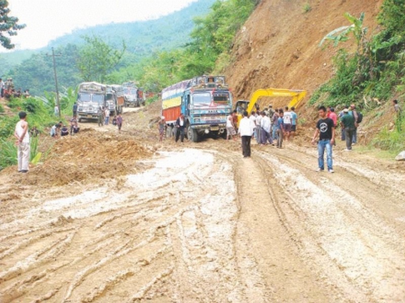 A goods laden truck got stuck in the landslide along Imphal-Jiribam (NH-37) Road