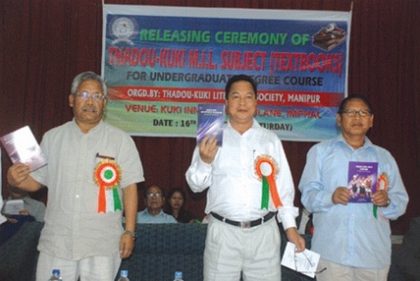 MP Thangso Baite, Minister Ngamthang Haokip and MLA TN Haokip releasing Thadou-Kuki text books