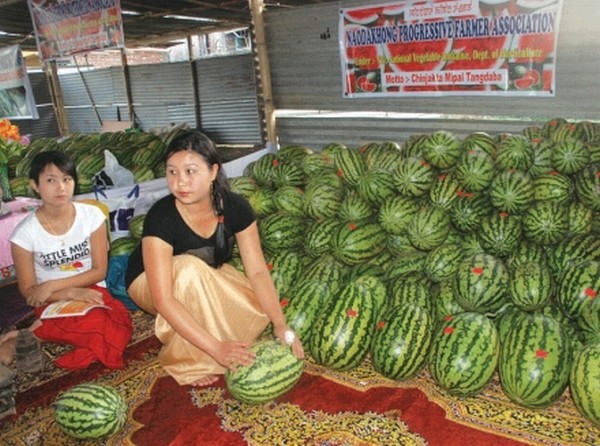 Watermelons are being displayed for sale in one of the stalls