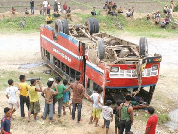 An inter district passenger bus which turned turtled at Kakching Khunuda hills, Thoubal