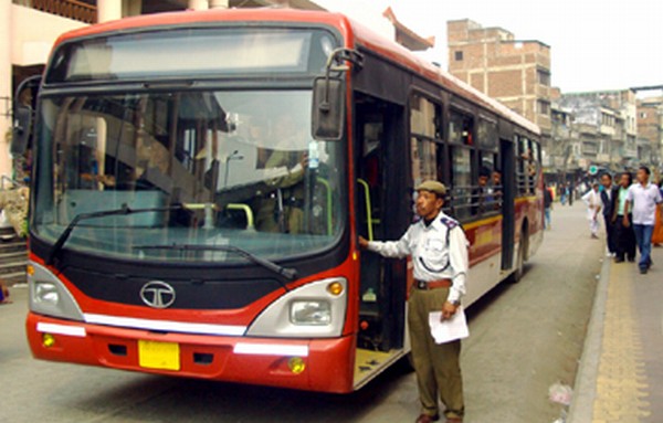 A semi low floor bus which operates in the bazar area