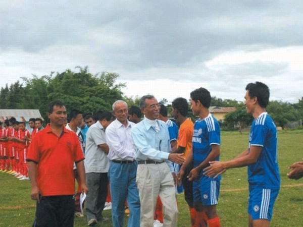 Players of LMFA, Heirok and WYC, Wangkhem being introduced to the guests before the opening match of the DFA, Thoubal, 1st Div Football League Tournament at Thoubal, Kshetrileikai