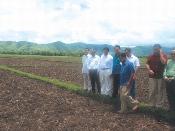 A Ministerial team led by Minister Okendro inspecting the condition of paddy fields in Thoubal district