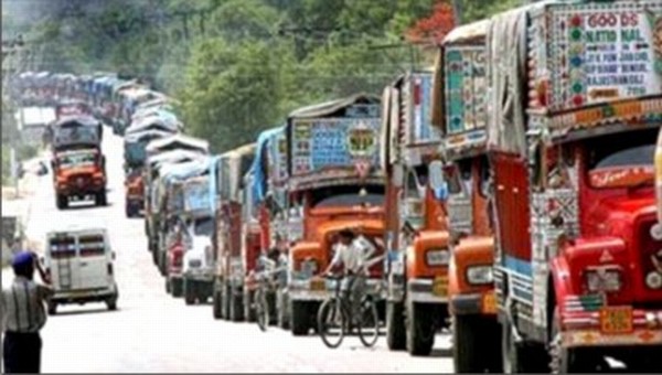 A file pic of trucks line up along NH-2