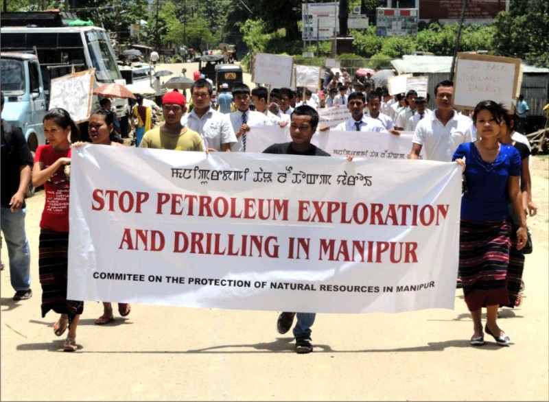 People taking out a protest rally at Jiribam against Govt of India's steps to explore fuel oil in Manipur 