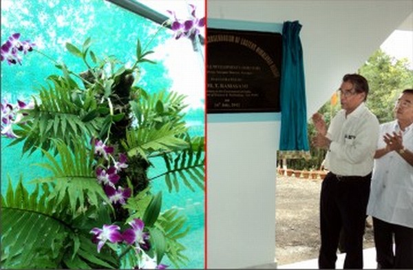 (Left) An orchid plant nurtured at the Henbung facility and inauguration of the laboratory building