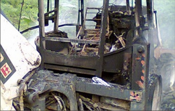 Charred remains of the excavator