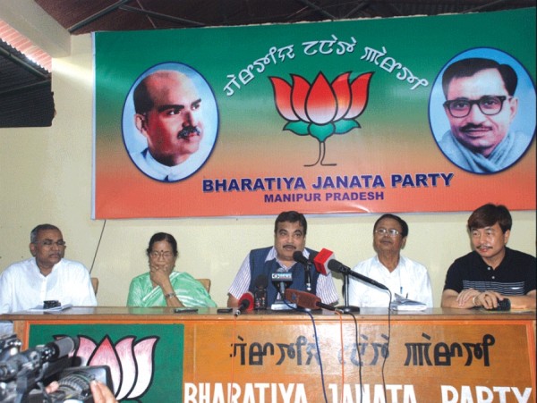 BJP National President (M) and other party leaders addressing a press meet at state party unit office at Nityaipat Chuthek, Imphal