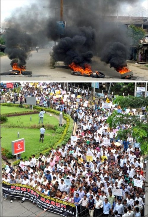 Tyres set afire on a road in Imphal and a protest march in Guwahati