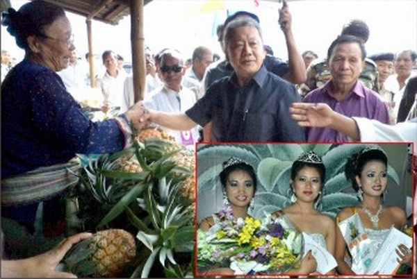 Horticulture Minister Gaikhangam greets a farmer and inset the beauty queens