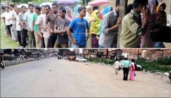 Top : Voters line up outside a booth and below a deserted road in Imphals