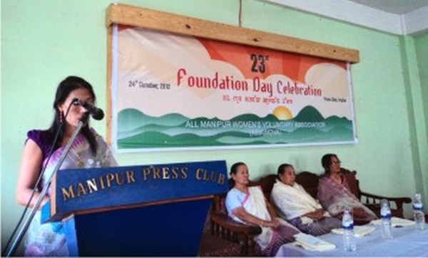 A dignitary speaks during the 24th Foundation Day celebration of All Manipur Women's Voluntary Association at Manipur Press Club