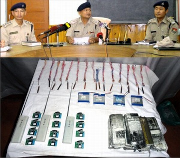 Imphal West district cops displaying the seized IED components