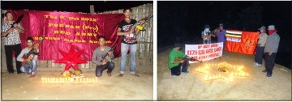 (Left) PREPARK (Pro) cadres celebrating its 35th Rising Day at Imphal East District (Right) PREPAK's flag and star symbol being put up at a location in Bishnupur district on the outfit's raising day