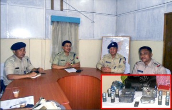 Thoubal SP addressing the media and the sezied explosives